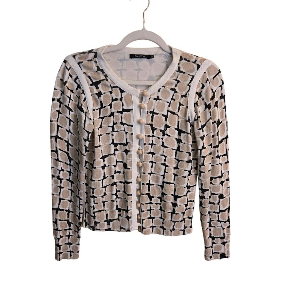 Nic & Zoe Abstract Neutral Print Wood Button Cardigan Sweater Size XS